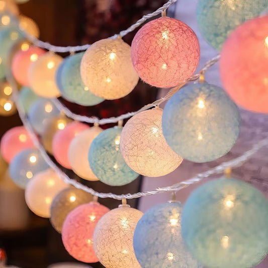 LED Cotton Ball String Lights — Camping Tent Fairy Lights, Battery/USB Powered, Warm Cozy Glow