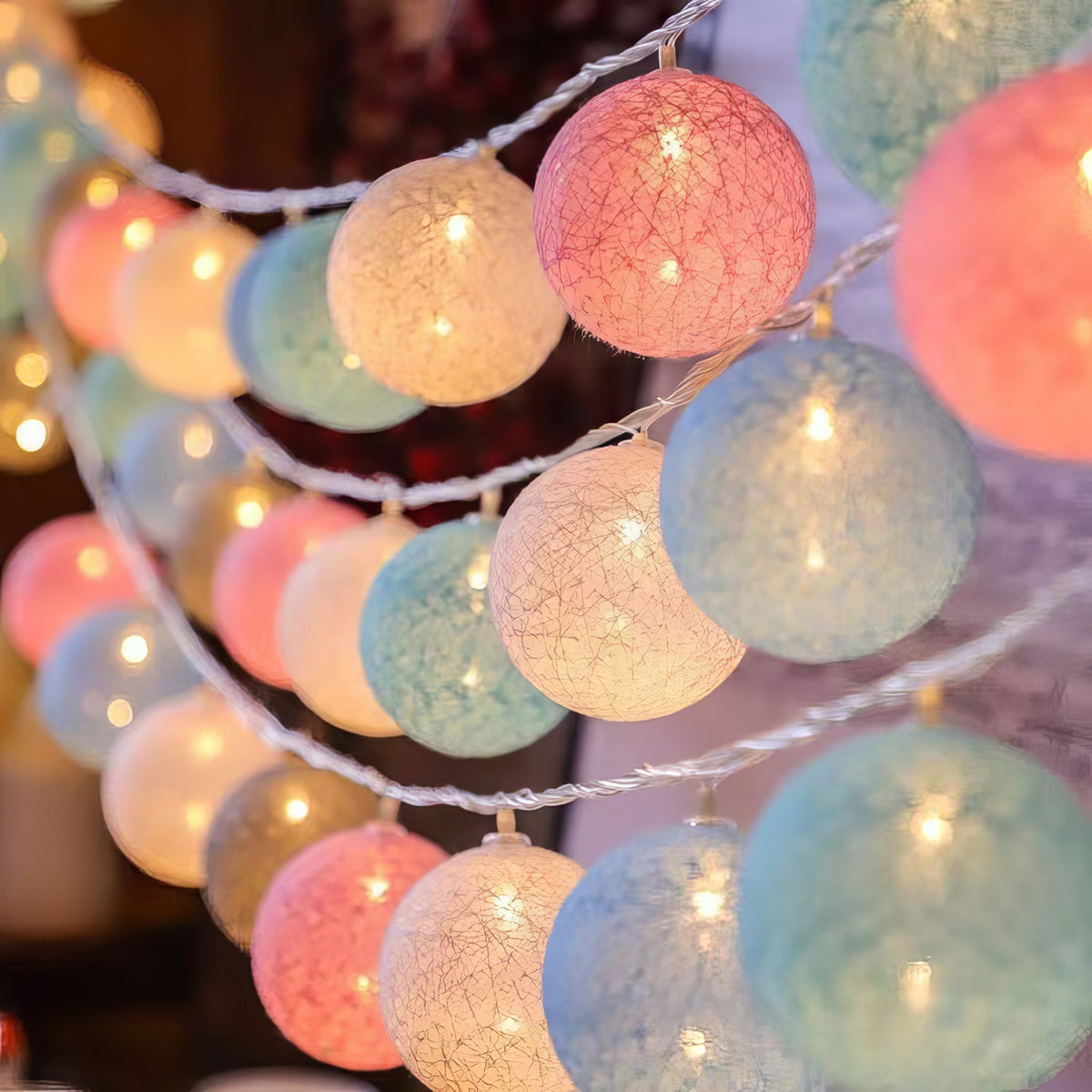 LED Cotton Ball String Lights — Camping Tent Fairy Lights, Battery/USB Powered, Warm Cozy Glow