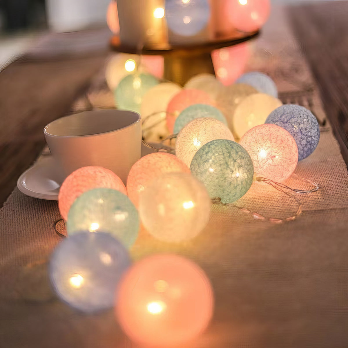 LED Cotton Ball String Lights — Camping Tent Fairy Lights, Battery/USB Powered, Warm Cozy Glow