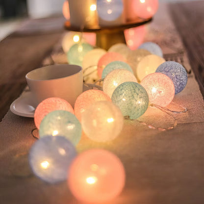 LED Cotton Ball String Lights — Camping Tent Fairy Lights, Battery/USB Powered, Warm Cozy Glow