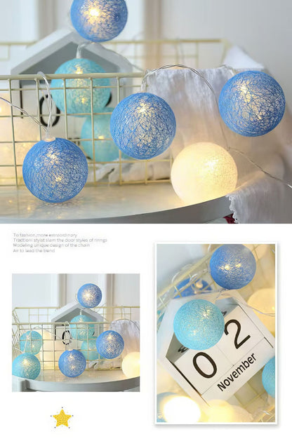 LED Cotton Ball String Lights — Camping Tent Fairy Lights, Battery/USB Powered, Warm Cozy Glow