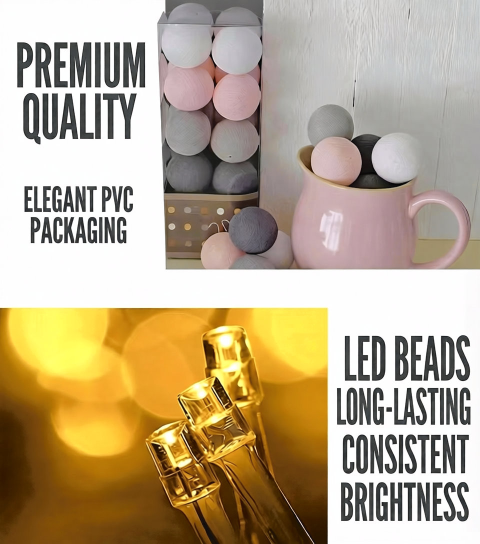LED Cotton Ball String Lights — Camping Tent Fairy Lights, Battery/USB Powered, Warm Cozy Glow