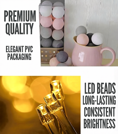 LED Cotton Ball String Lights — Camping Tent Fairy Lights, Battery/USB Powered, Warm Cozy Glow