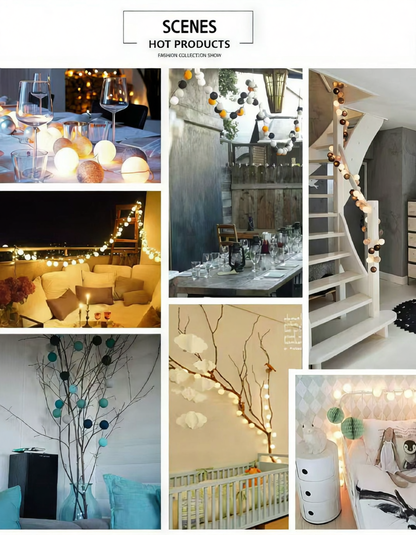 LED Cotton Ball String Lights — Camping Tent Fairy Lights, Battery/USB Powered, Warm Cozy Glow